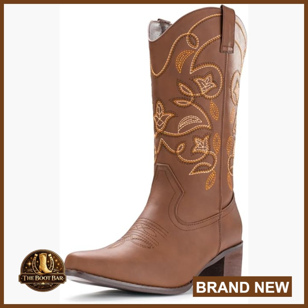 Pointy Toe Western Cowgirl Boots Mid Calf With 2-Inch Heel